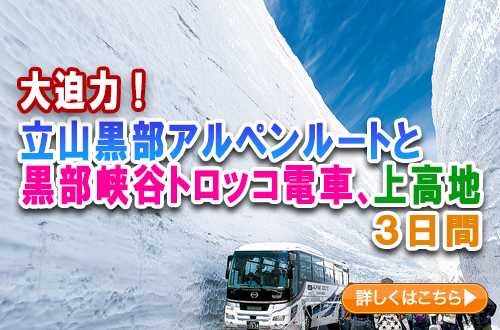 大迫力！　立山黒部アルペンルートと黒部峡谷トロッコ電車、上高地　３日間